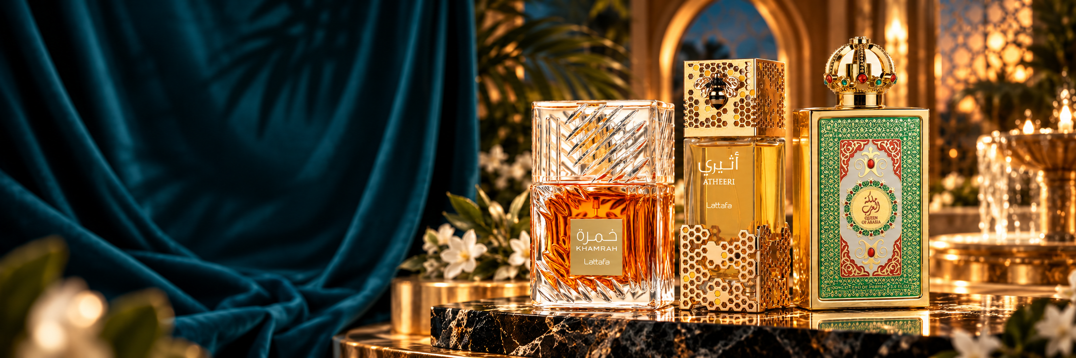 Khamrah, Atheeri e Queen of Arabia em um jardim com detalhes dourados